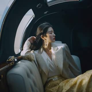 一个穿着白色西装和金色裙子的人坐在车里。