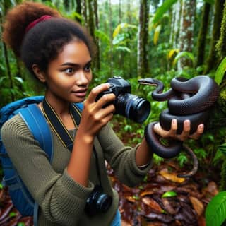 african woman with camera in jungle