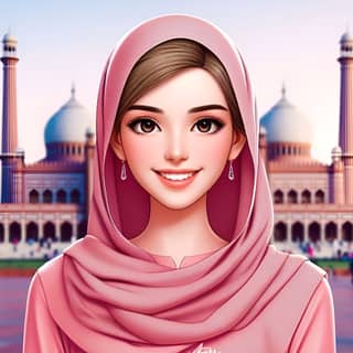 Uma imagem de desenho animado de uma pessoa usando um hijab rosa.