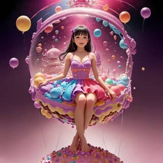 Una niña en un vestido rosa sentada en un pastel rodeada de globos.