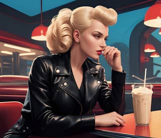 in a leather jacket sitting at a table with a milkshake