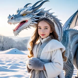 a little girl in a tiaras standing next to a dragon