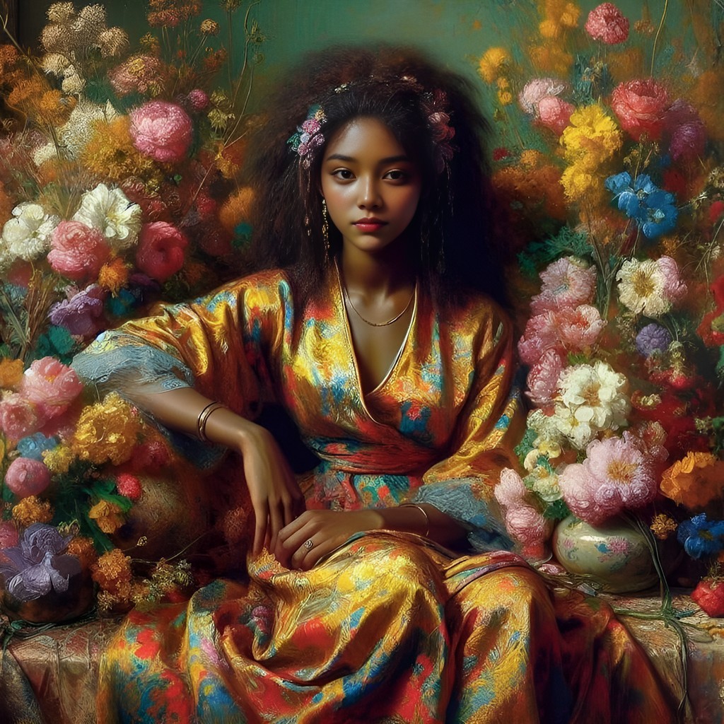 sitting in front of flowers