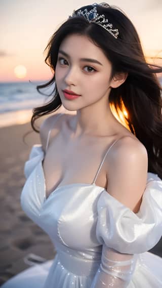in a white dress on the beach