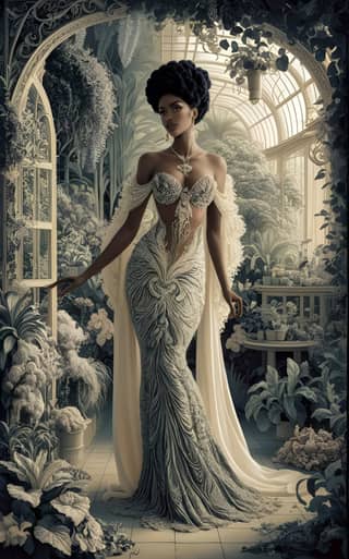 Una persona vistiendo un vestido blanco parada en un jardín.