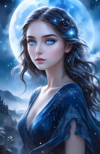 woman with blue eyes and a full moon