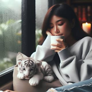 坐在老虎旁边并拿着一杯咖啡的人。