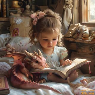 Une petite fille lit un livre avec un jouet dragon.