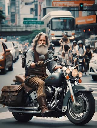 Montando una motocicleta por una calle transitada.