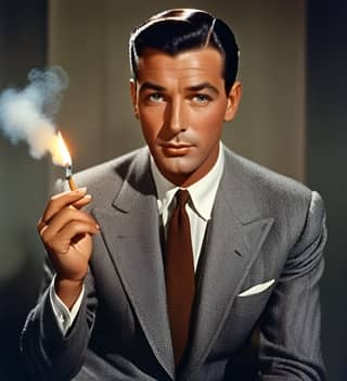 in a suit and tie holding a cigarette