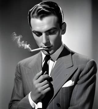 in a suit and tie smoking a cigarette