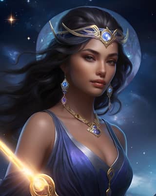 the beautiful woman in blue dress holding a sword