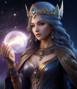 the beautiful woman in the blue dress holding a crystal ball