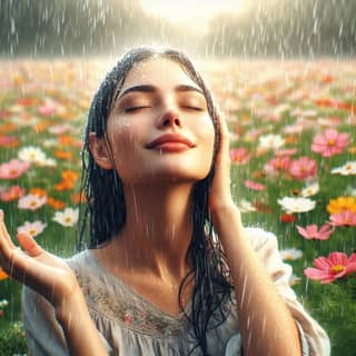 روز بارانی با پس‌زمینه گلها.