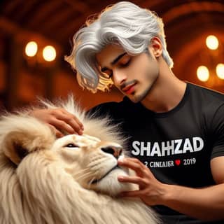 with white hair and a t - shirt that says shahzad