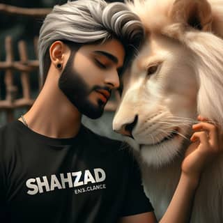 with a white lion on his shoulder