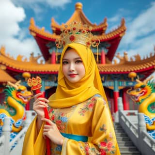 Wanita Cina cantik dalam pakaian tradisional memegang tongkat merah.