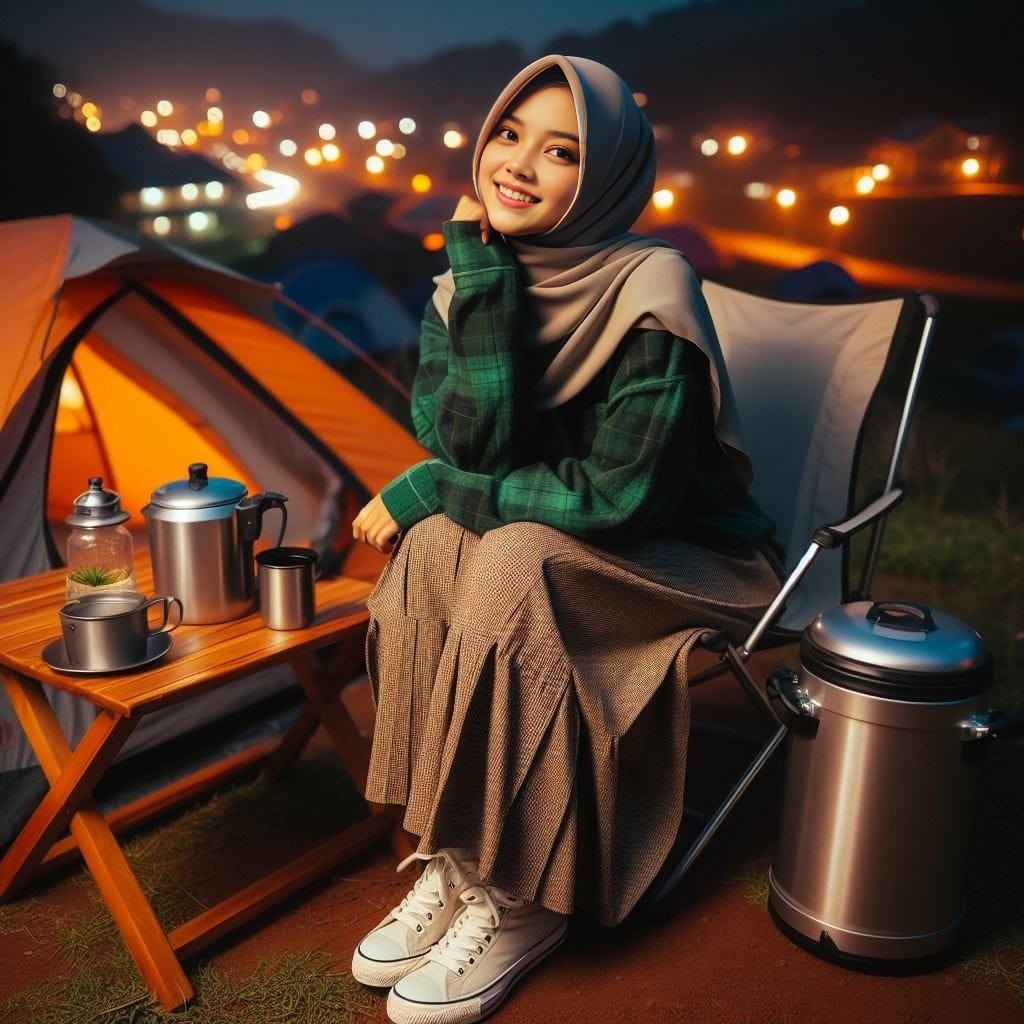 in a hijab sitting on a chair near a tent