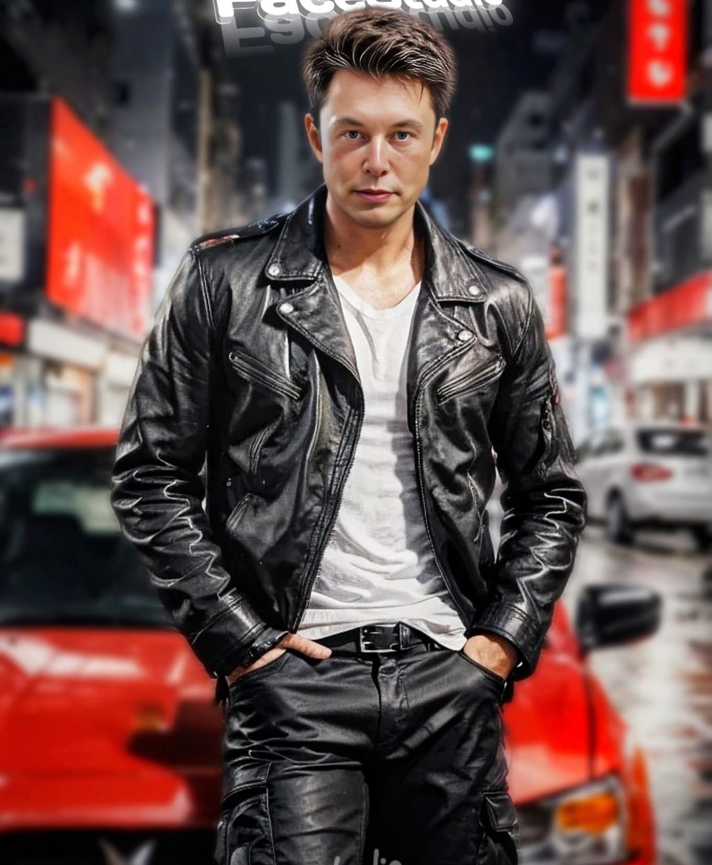 in leather jacket standing next to a red car