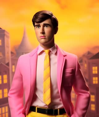 एक गुलाबी सूट और पीला टाई पहनकर।