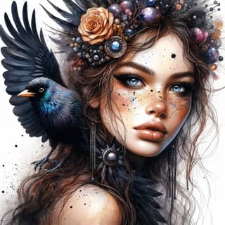 Người phụ nữ đang có một con quạ trên đầu.