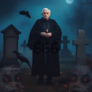 in a black robe standing in front of a graveyard