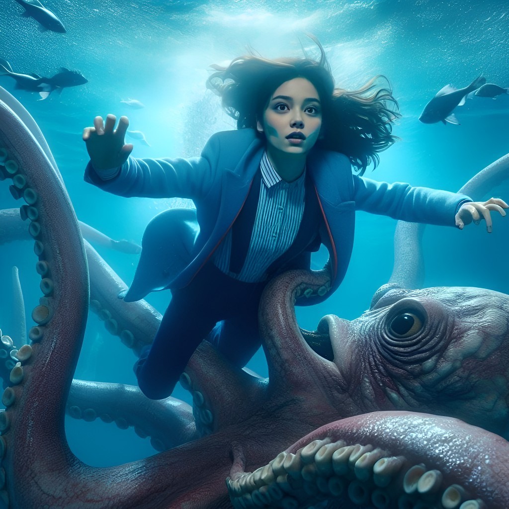 in a blue suit is riding on an octopus