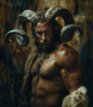with horns and a beard in a cave