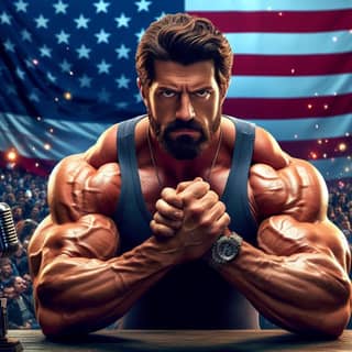 the bodybuilding man is sitting in front of an american flag