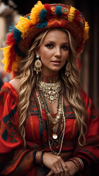 woman in a colorful outfit and a big hat