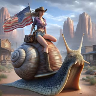 in cowboy boots riding a snail