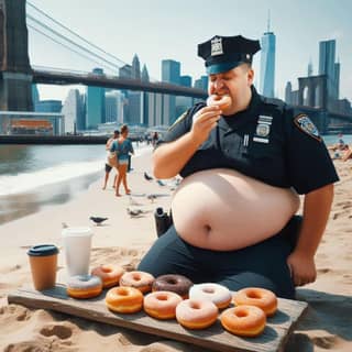 Um homem acima do peso se deliciando com rosquinhas na praia.