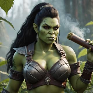 Seorang orc perempuan dengan penuh keyakinan memegang sebatang cerutu.