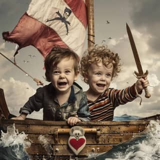 Deux enfants dans un bateau avec un drapeau.