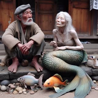 an old man and a mermaid sitting next to each other