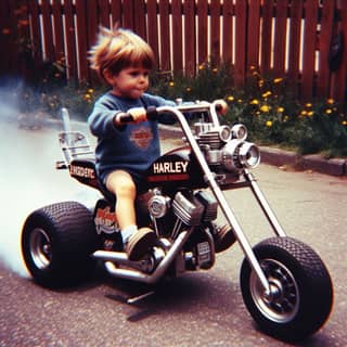 Un bambino piccolo che cavalca una motocicletta.