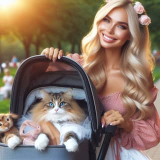 Femme blonde pousse un chat dans une poussette.