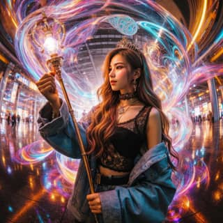 holding a light up in front of a colorful swirl