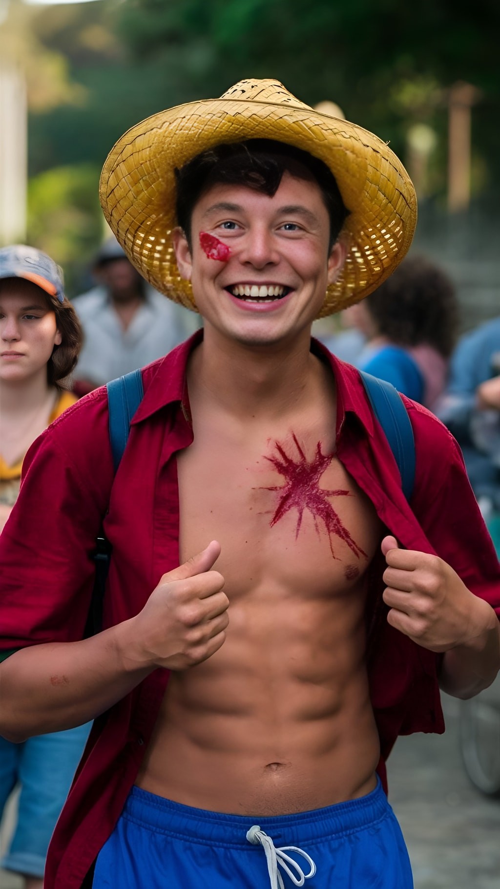 Indossando una maglietta rossa e un cappello di paglia.