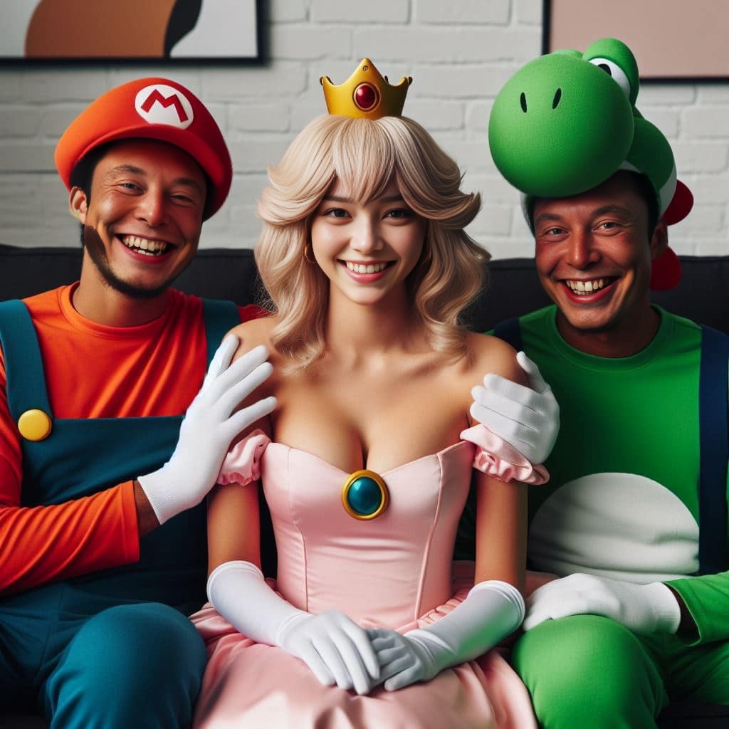 three people dressed as mario, peach and luigi