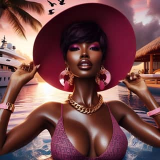 a black woman in a pink hat and bikini