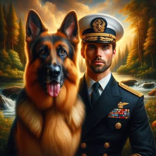 Uniform tragen mit einem Deutschen Schäferhund.