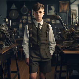 14 year old dieselpunk schoolboy wears shorts and stands in a school classroom next to optical instruments