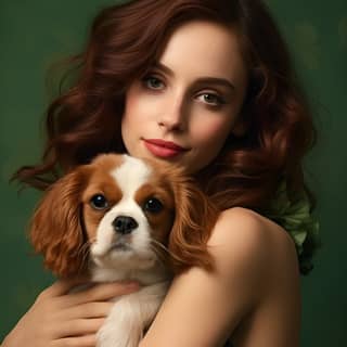 Brunette woman hugging Cavalier King Charles from behind n the style of photographically detailed portraitures green