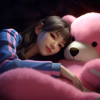 Create a realistic picture of D va from Overwatch lying in a huge stuffed teddy bear playing game console in a warm cozy