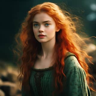 Mid journey was red head elle fanning with curly hair with green dress as merida in brave Grain photo should have a low -