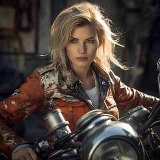 Motorradbraut 60+ Strapse Portrait F1 4, blonde woman in an orange jacket posing with a motorcycle