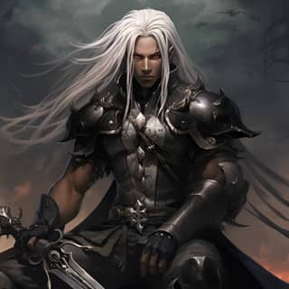 Sephiroth from Final Fantasy if he was black, a male with long white hair and a sword