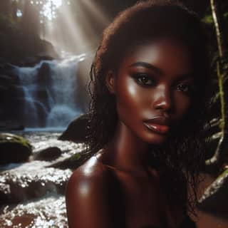 an african woman in the woods near a waterfall