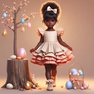 an image of a little girl in a dress and a tree stump